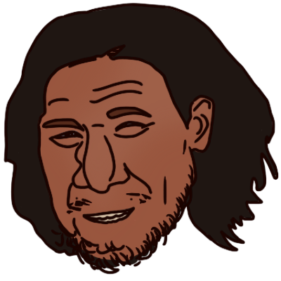 the smiling head of a facial reconstruction of a Neanderthal man calld Krijn. He has warm brown skin, black wavy hair, and a sparse beard.